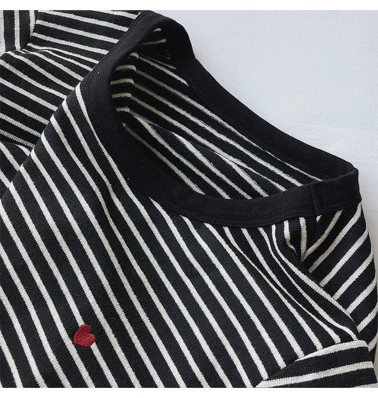 Love Embroidery Striped Sweatshirt  Women Autumn Loose Fit Slimming Round Neck Long Sleeved Tops