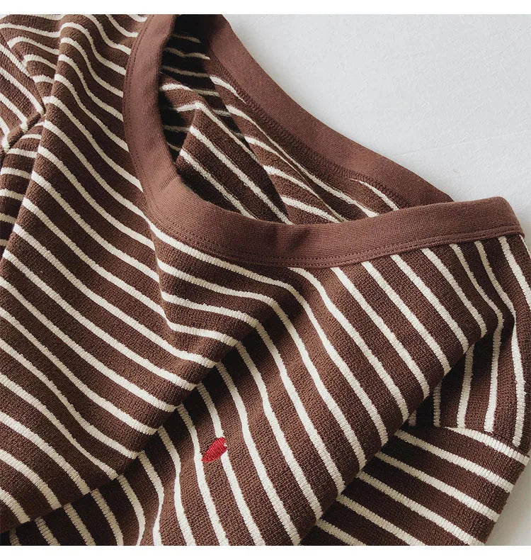 Love Embroidery Striped Sweatshirt  Women Autumn Loose Fit Slimming Round Neck Long Sleeved Tops