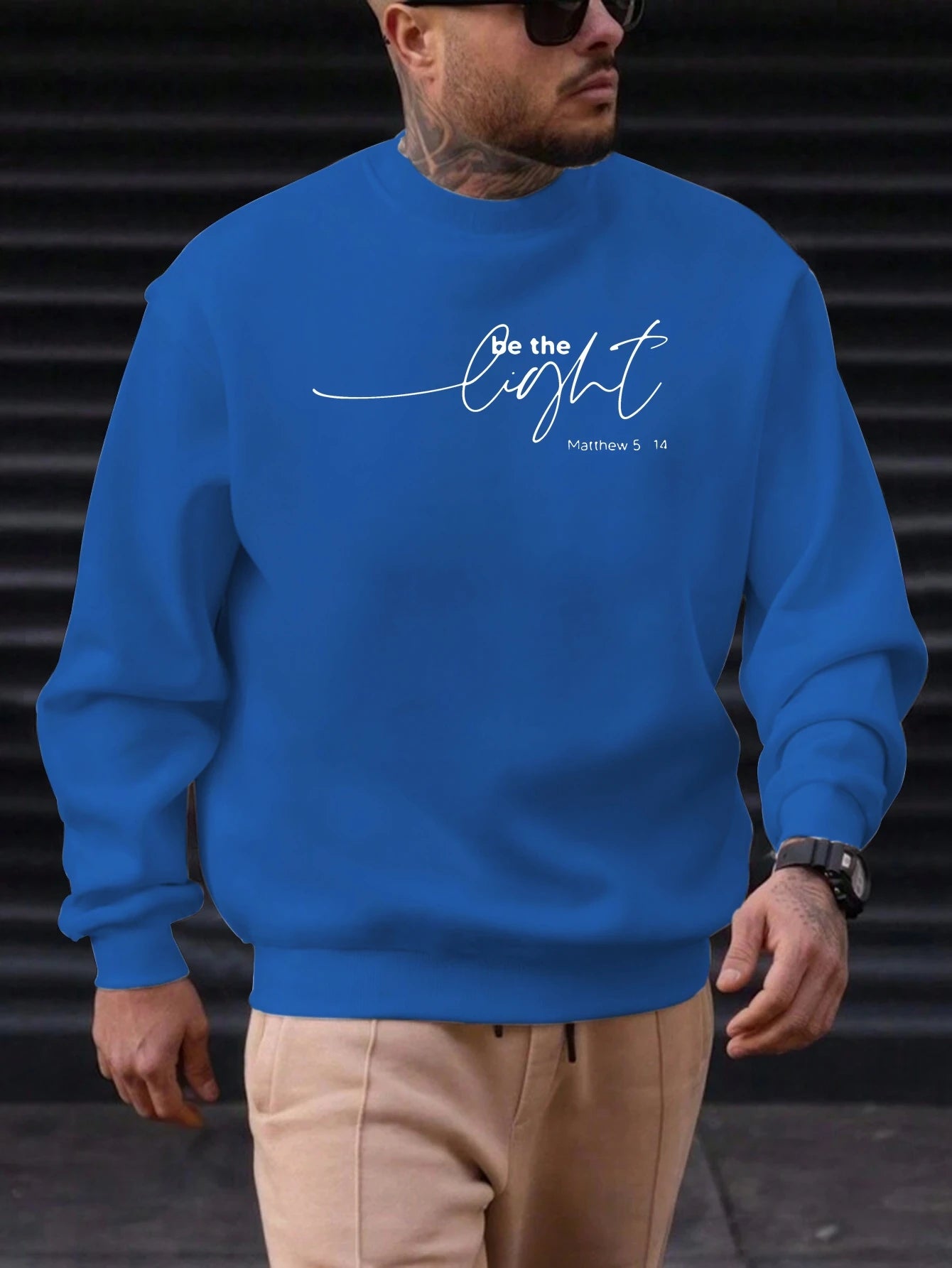 Men's Sweatshirt 2025 New Arrival Minimalist Cozy Relaxed Fit Elegant Calligraphy “Be the Light” Matthew 5:14 Quote Top