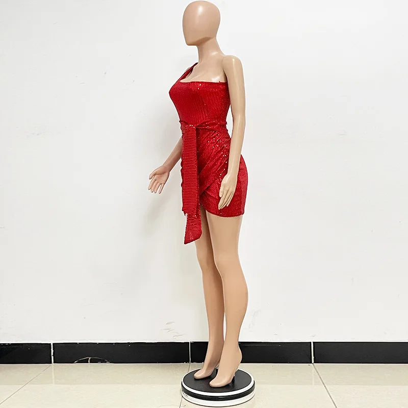 sexy women's dress summer pleat one shoulder sequin birthday evening dresses woman elegant party dresses cocktail prom dress X99