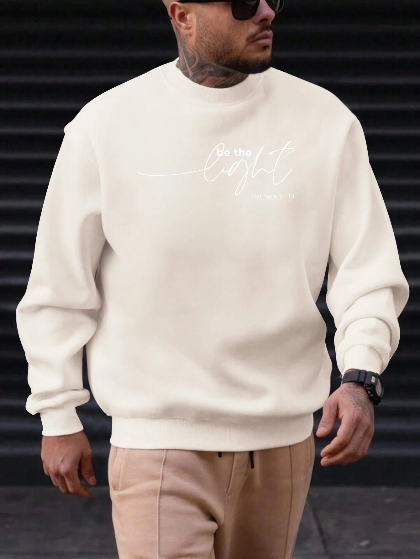 Men's Sweatshirt 2025 New Arrival Minimalist Cozy Relaxed Fit Elegant Calligraphy “Be the Light” Matthew 5:14 Quote Top