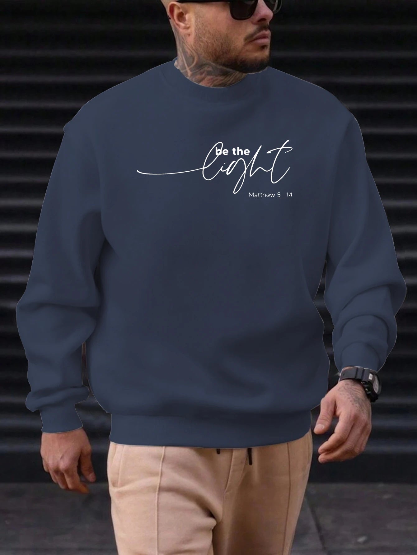Men's Sweatshirt 2025 New Arrival Minimalist Cozy Relaxed Fit Elegant Calligraphy “Be the Light” Matthew 5:14 Quote Top