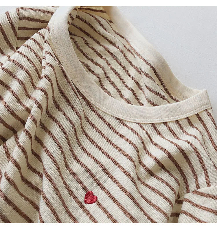 Love Embroidery Striped Sweatshirt  Women Autumn Loose Fit Slimming Round Neck Long Sleeved Tops