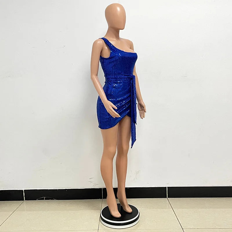 sexy women's dress summer pleat one shoulder sequin birthday evening dresses woman elegant party dresses cocktail prom dress X99