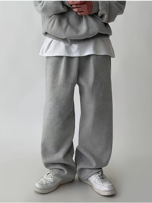 Fashionable Dressing] Men's 240g Fleece Sweatshirt & 220g Sweatpants Set, Solid Color, Heavyweight Hooded Sporty Style Trendy