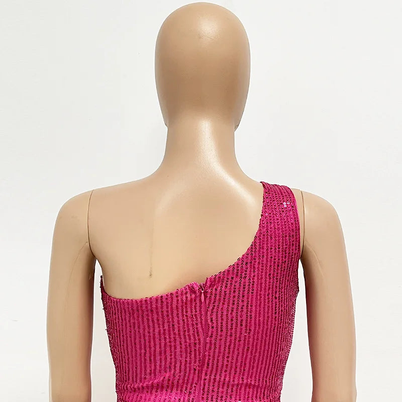 sexy women's dress summer pleat one shoulder sequin birthday evening dresses woman elegant party dresses cocktail prom dress X99