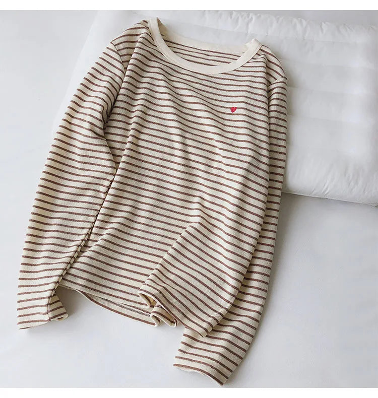 Love Embroidery Striped Sweatshirt  Women Autumn Loose Fit Slimming Round Neck Long Sleeved Tops