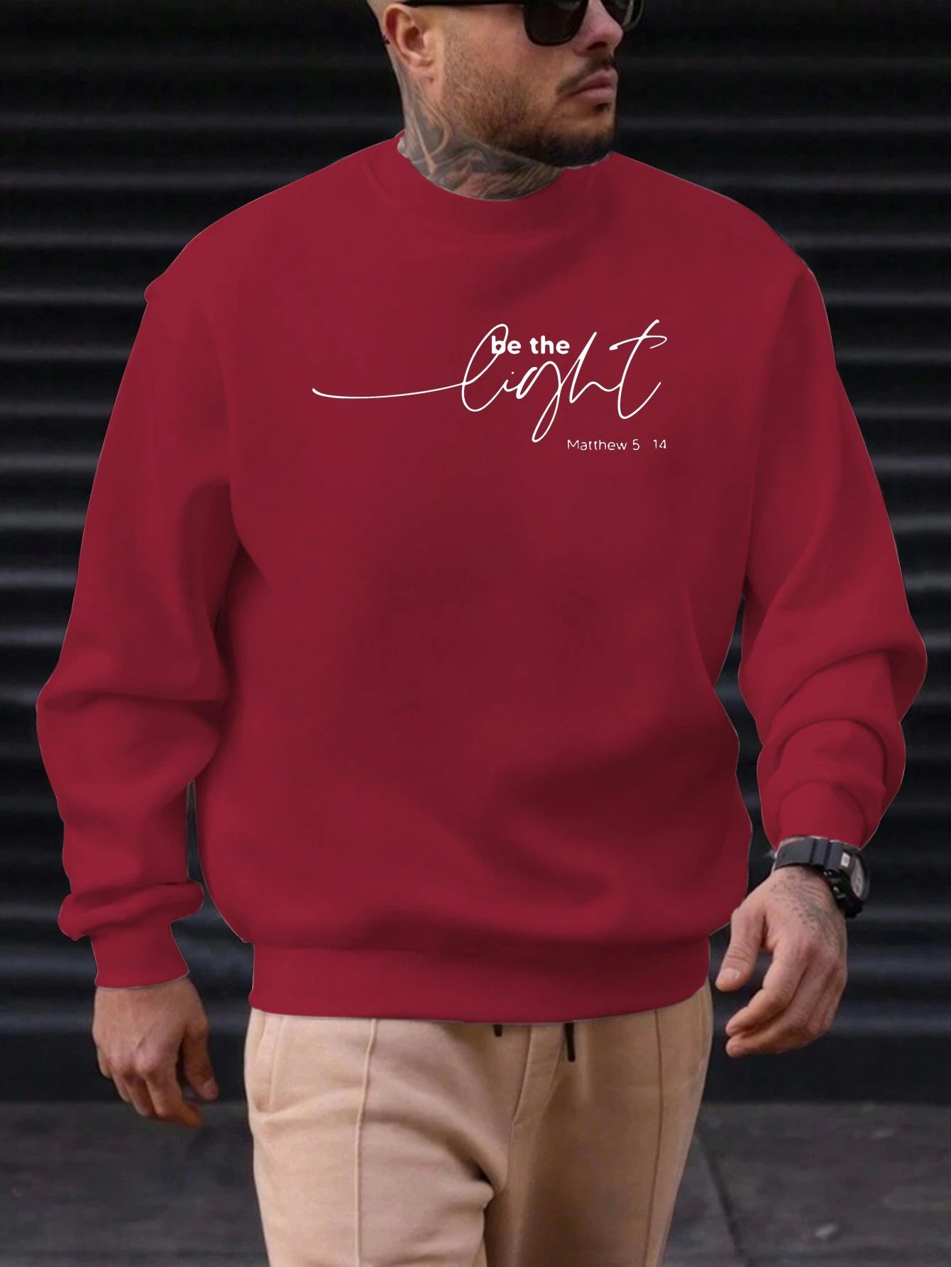 Men's Sweatshirt 2025 New Arrival Minimalist Cozy Relaxed Fit Elegant Calligraphy “Be the Light” Matthew 5:14 Quote Top