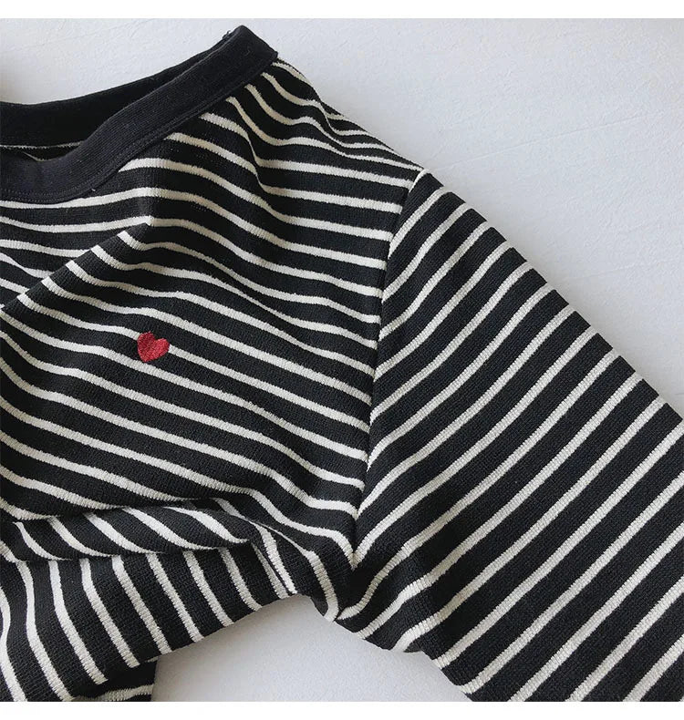 Love Embroidery Striped Sweatshirt  Women Autumn Loose Fit Slimming Round Neck Long Sleeved Tops