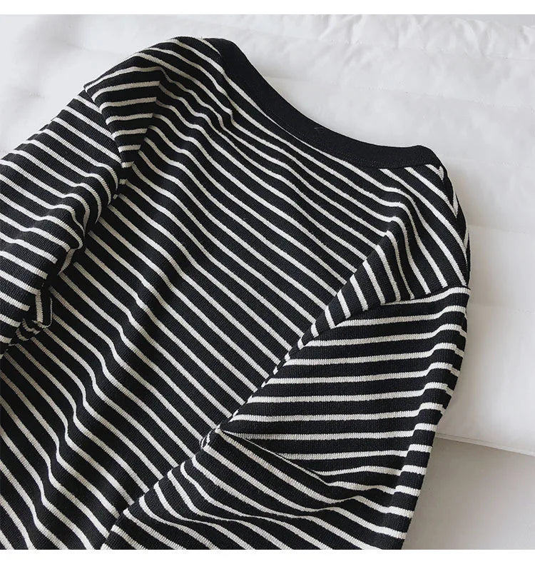 Love Embroidery Striped Sweatshirt  Women Autumn Loose Fit Slimming Round Neck Long Sleeved Tops