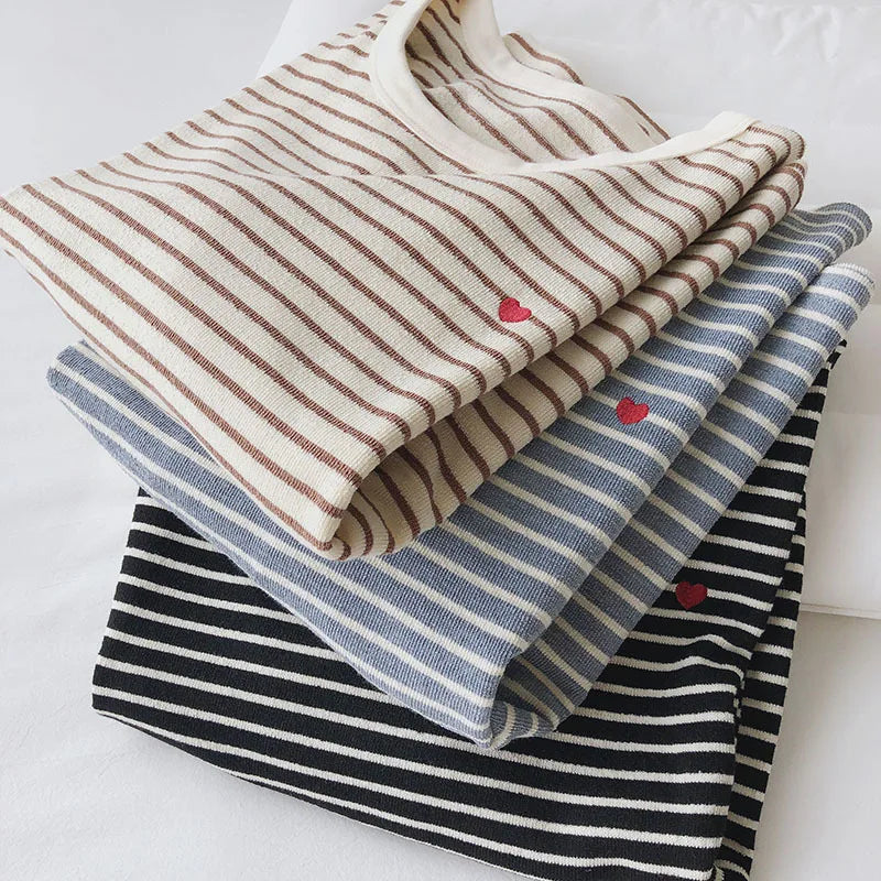 Love Embroidery Striped Sweatshirt  Women Autumn Loose Fit Slimming Round Neck Long Sleeved Tops