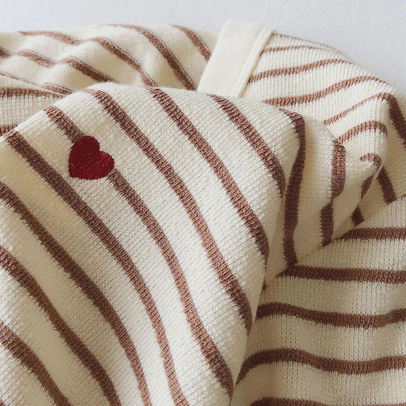 Love Embroidery Striped Sweatshirt  Women Autumn Loose Fit Slimming Round Neck Long Sleeved Tops