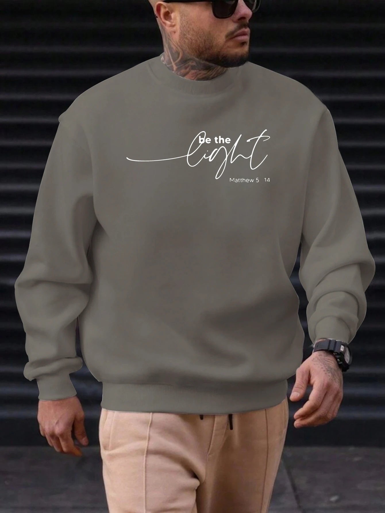 Men's Sweatshirt 2025 New Arrival Minimalist Cozy Relaxed Fit Elegant Calligraphy “Be the Light” Matthew 5:14 Quote Top