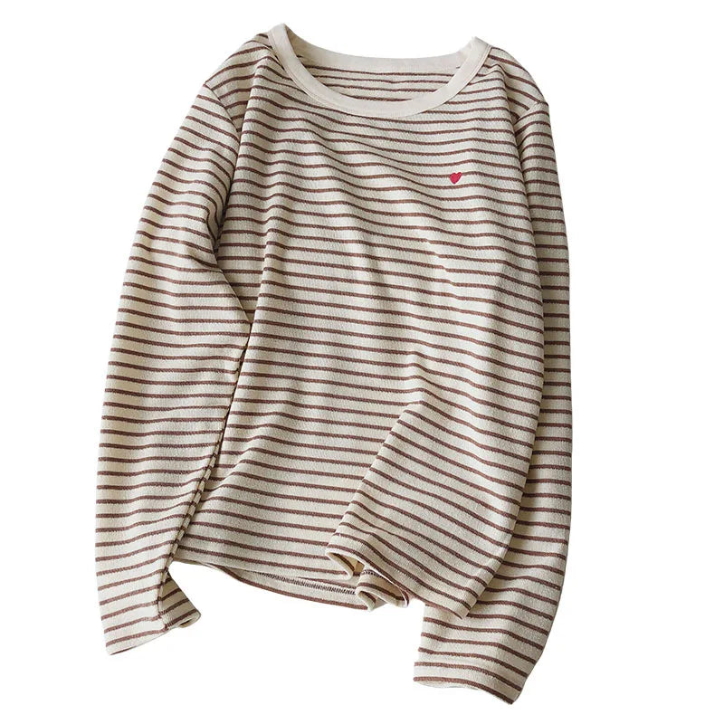 Love Embroidery Striped Sweatshirt  Women Autumn Loose Fit Slimming Round Neck Long Sleeved Tops