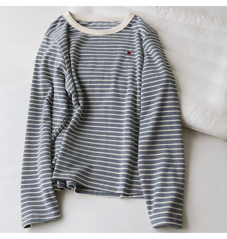 Love Embroidery Striped Sweatshirt  Women Autumn Loose Fit Slimming Round Neck Long Sleeved Tops