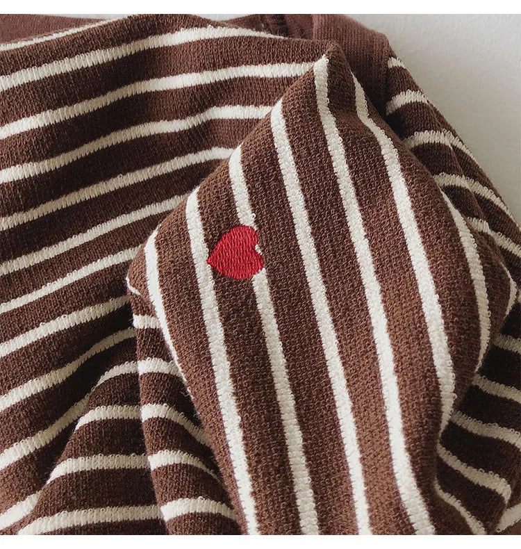 Love Embroidery Striped Sweatshirt  Women Autumn Loose Fit Slimming Round Neck Long Sleeved Tops