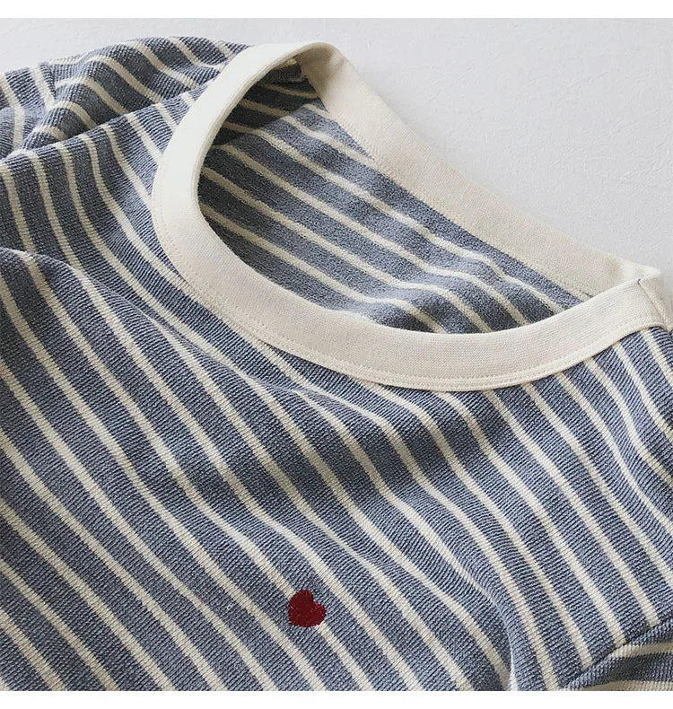 Love Embroidery Striped Sweatshirt  Women Autumn Loose Fit Slimming Round Neck Long Sleeved Tops