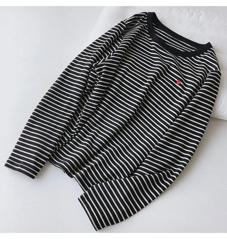 Love Embroidery Striped Sweatshirt  Women Autumn Loose Fit Slimming Round Neck Long Sleeved Tops